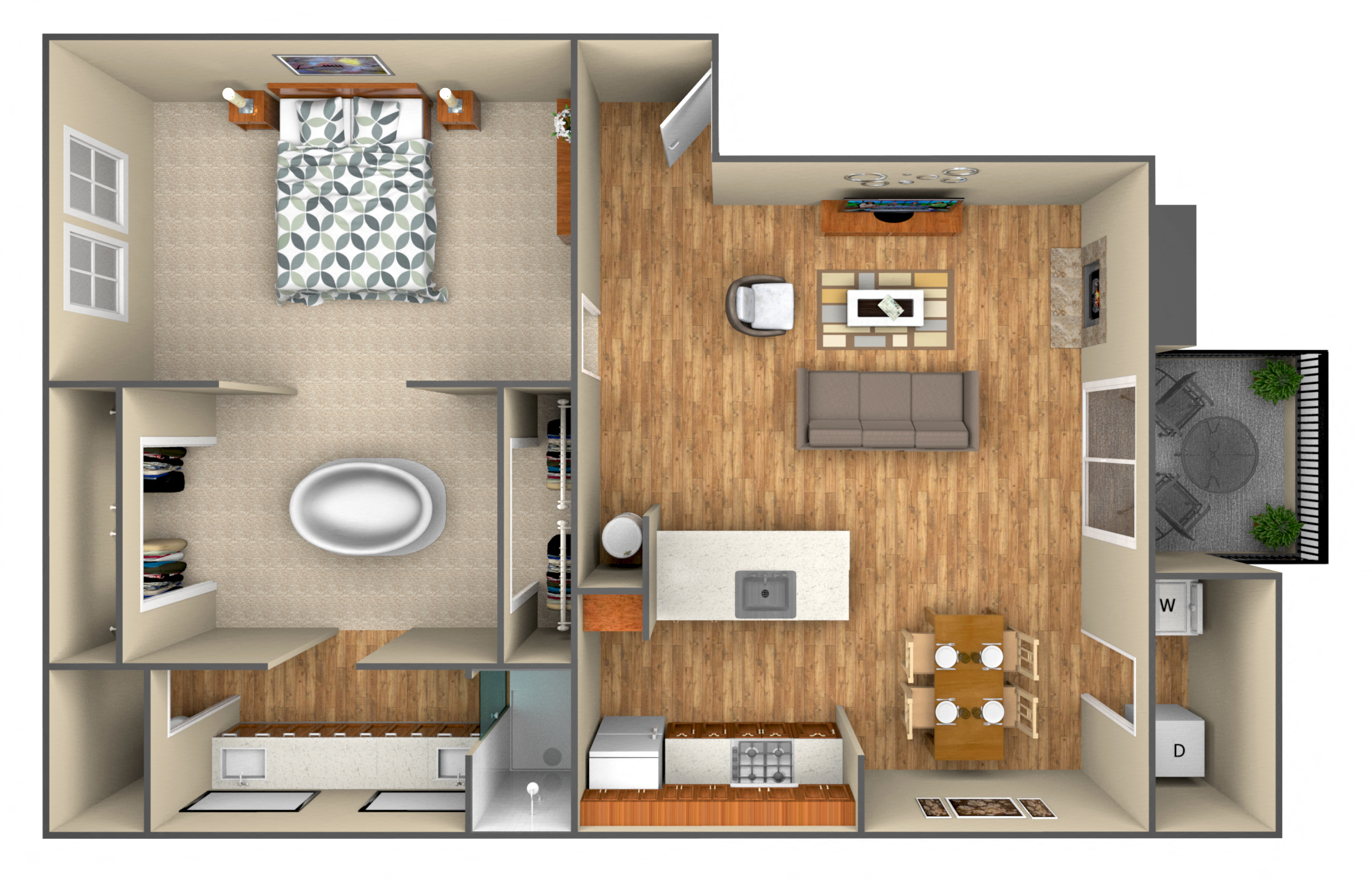 Floor plan for 1 bed, 1 bath, 914 sqft